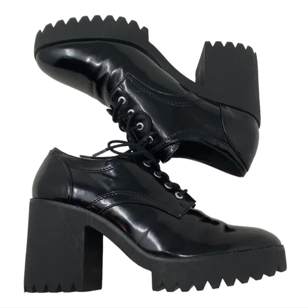 Zara Trafaluc Chunky Block Platform Heels Lace Up Faux Leather Boots Size 6.5